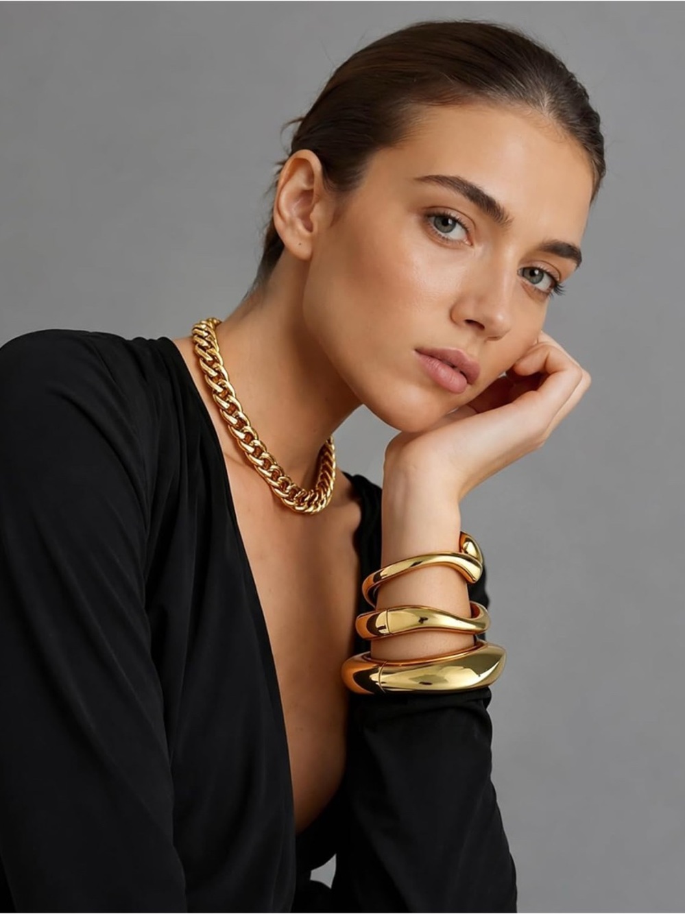 14K Gold Plated Sculptural Wrap Cuff Bracelets Set - Picture 4 of 6
